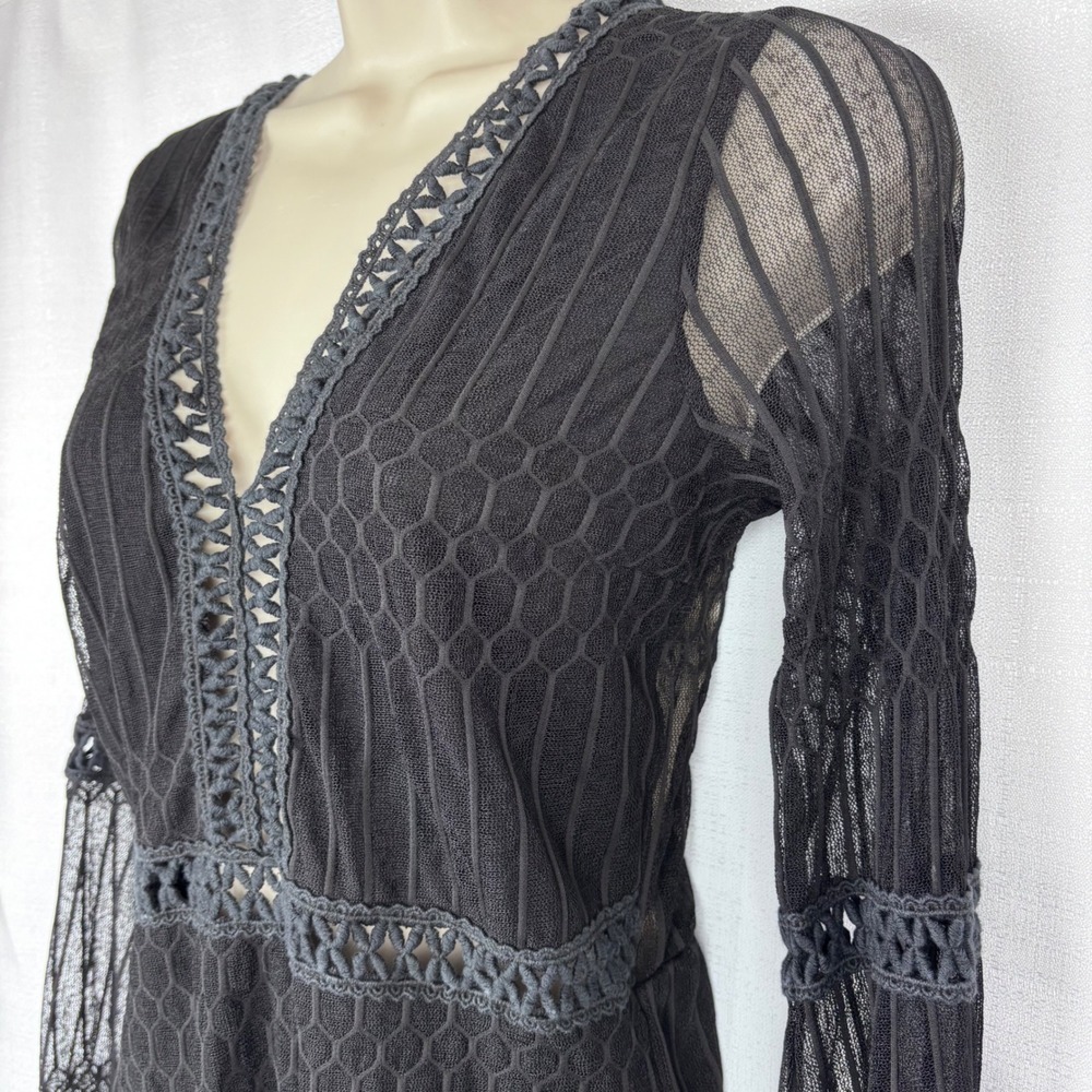 Hudson Gray Mesh Cotton Lace Crochet Long Sleeve Bodysuit Black V Neck Sz M